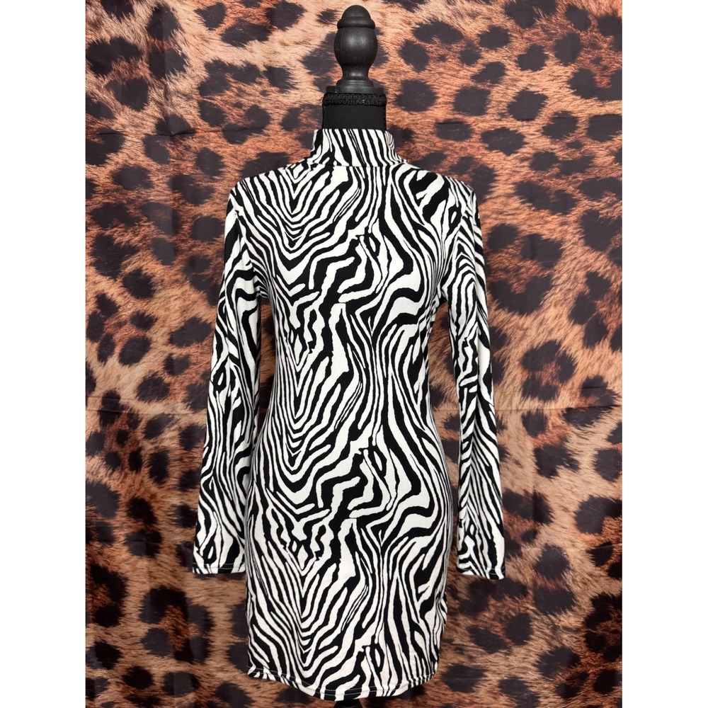 The‎ Kript Zebra Print Mock Neck Long Sleeve Bodycon Mini Dress
